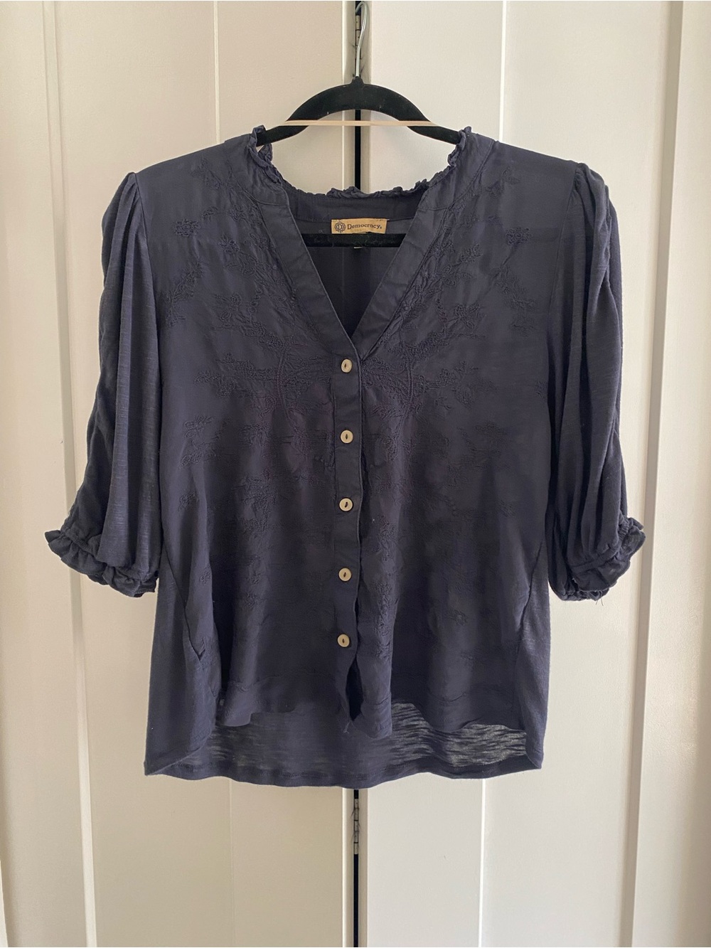 Democracy Navy Embroidered Button-Front Blouse